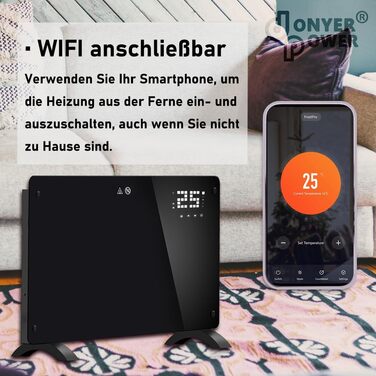 Конвектор DONYER POWER 2500W з Wi-Fi, чорний, з таймером та дистанційним керуванням, скляна панель