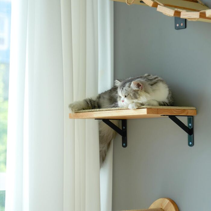 FUKUMARU Climbing Wall for Cats, Cat Bed Wall made of 2cm thick solid rubber wood with durable sisal scratching mat, 40x25cm Wall Cat Lounger/Cat Ladder