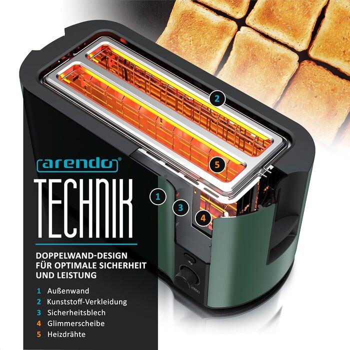 Тостер Arendo з нержавіючої сталі, 4 слоти, підігрів, підставка для булочок, 1500W, зйомний лоток для крихт, дисплей з таймером