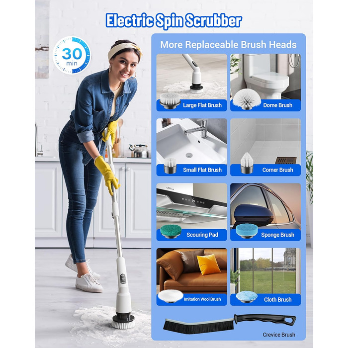 Electric Cleaning Brush, 12-in-1 Electric Spin Scrubber Cordless with 8 Interchangeable Brush Heads, Electric Cleaning Brush with Adjustable Handle for Bathroom, Kitchen, Tiles, Floors, Car (White)