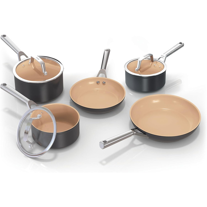 Ninja Extended Life 5-Piece Ceramic Cookware Set (20 & 24 cm Frying Pans + 16, 18 & 20 cm Sauce Pans with Lids), Non-Stick Coating (PFOA, PFA, Lead, and Cadmium Free), Oven Safe up to 285°C, 5-Piece Cookware Set