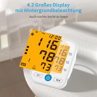 Тонометр на плече Oberarm з автоматичним вимірюванням, визначенням аритмії та вимірюванням пульсу, великим LED-дисплеєм, 2x99 пам'яттю, манжеткою 22-32 см (білий)