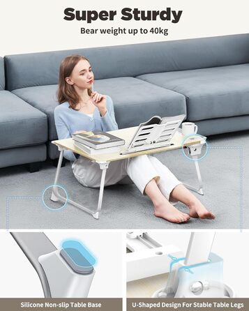 SAIJI Стіл-таблетка для ноутбука, розкладний XXL, з ящиком та підставкою для книг/телефону (65 x 49 x 30 см, Light Teak)