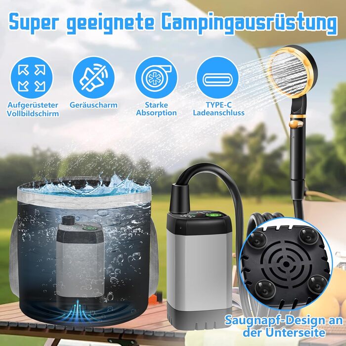 IEEILULU Portable Camping Shower, 6000mAh Camping Shower Battery with Pump, Outdoor Mobile Showers with Temperature Indicator and Foldable Bucket for Pet Travel, Garden, Car Washing, Beach