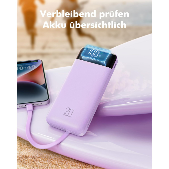 Power Bank Charmast 20000mAh з LED-дисплеєм та 4 кабелями (USB C PD3.0 QC4.0), 6 виходів, сумісний з iPhone, Samsung, Tablet, фіолетовий