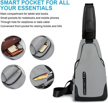 Чоловіча нагрудна сумка Brusttasche, Crossbody з USB-зарядкою, Оксфорд, водонепроникна, для спорту, роботи, подорожей (#6 A-grau)