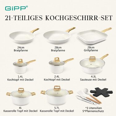 Набір каструль та сковорідок GiPP Ceramic Antihaft 22 частини – керамічне антипригарне покриття, безпечне, для посудомийної машини, без PFAS, PTFE, PFOA, PFOS
