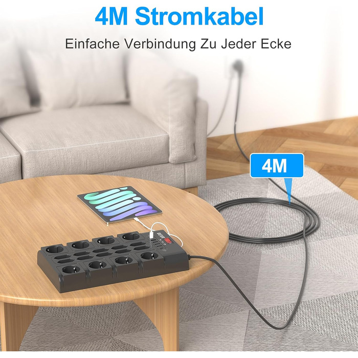 Мережевий фільтр BEVA з 18 розетками, 3680W/16A, захист від перенапруги 2100 Дж, 2 USB-C (15W) + 4 USB-A, з вимикачем, для офісу та дому