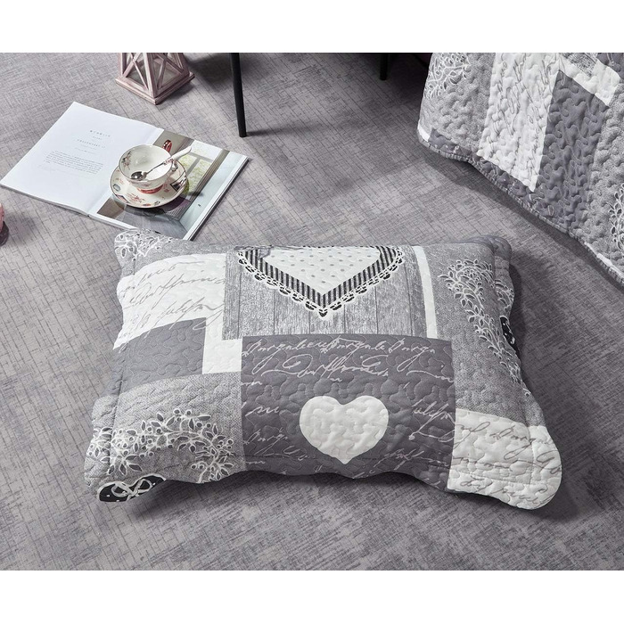 Комплект стеганих ковдр Brilliant Sunshine Grey Heart Love Patchwork (2 шт.) з наволочкою, двостороння покривало, м'яка легка ковдра, універсальна ковдра для двоспального ліжка, сірий колір