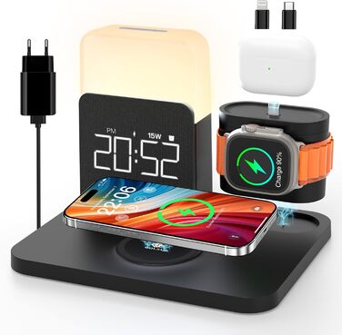Бездротова зарядна станція 3-в-1 COLSUR для iPhone, Apple Watch, AirPods, 15W, нічна лампа з годинником, чорна