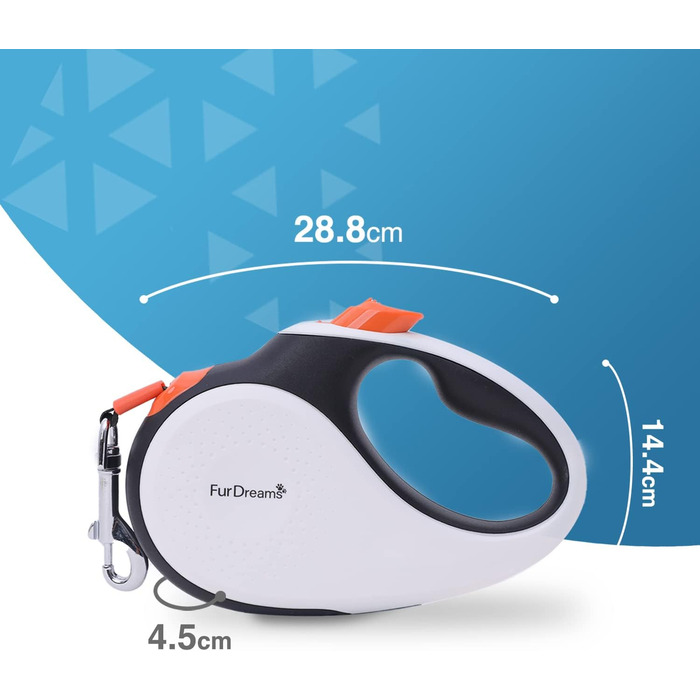 Рулетка для собак FurDreams – міцна висувна повідка 5 м | Зі зручним неслизьким руків'ям та блокуванням | Міцний нейлоновий шнур, що не заплутується | Карабін для нашийника (великий) | Оранжевий, великий