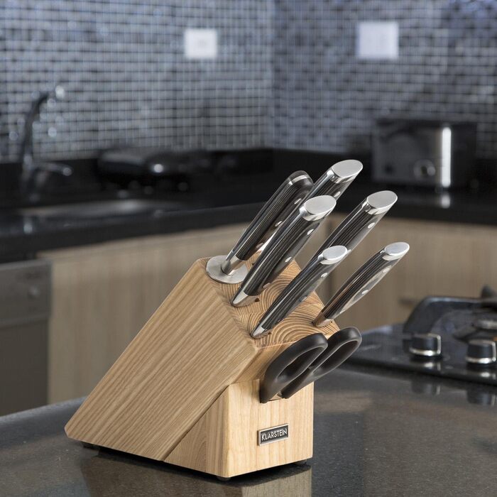 Klarstein Katana 8 Professional Knife Set - 8-Piece Stainless Steel Kitchen Knife Set with Block, Brown Wood Block
