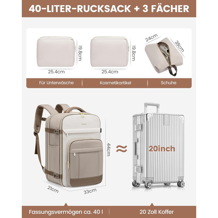 LOVEVOOK Рюкзак ручної поклажі, 40L, для ноутбука 17