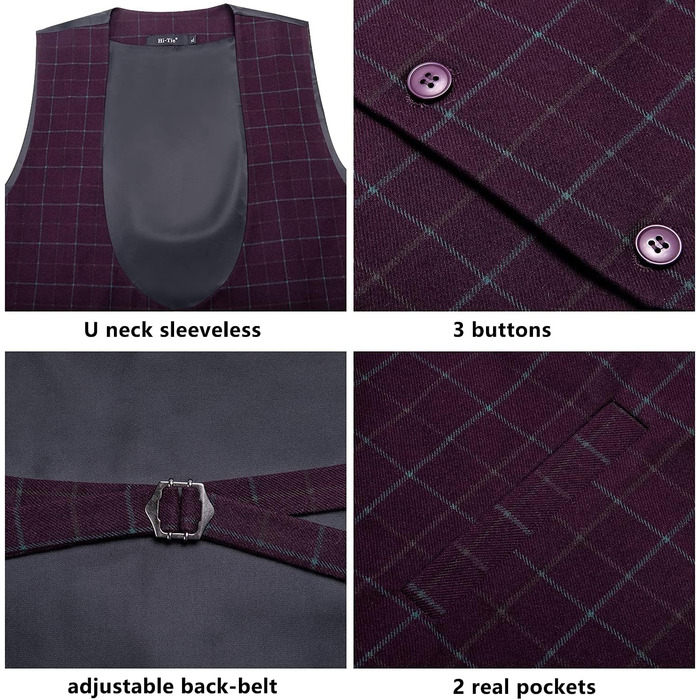 Жилет чоловічий стильний вінтажний Hi-Tie з коміром V-подібний без рукавів для весілля, офіційних заходів, прому, темно-червоний, XL