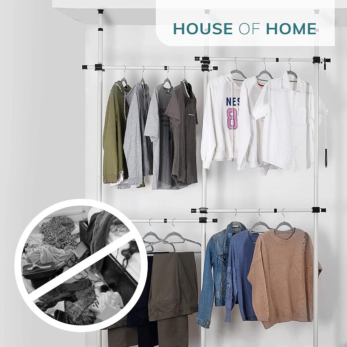 Robust, triple-extendable clothes rail from House of Home – Replacement for clothes rail in wardrobe – Adjustable shelf frame – Clothes storage (double bed)