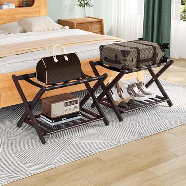 Fully assembled white luggage rack, upgraded bamboo, foldable suitcase stand with 5 nylon straps, luggage holder with shelf for guest room, hotel (white luggage rack, 1 piece) (Brown, 2 pieces)