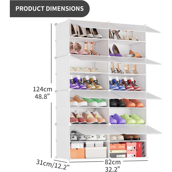 Plastic shoe cabinet, DIY simple shoe rack, narrow, with door, steel frame, stable, for hallways, bedrooms, entryways, White with Transparent Door, 2 * 6 (White, 2x8)