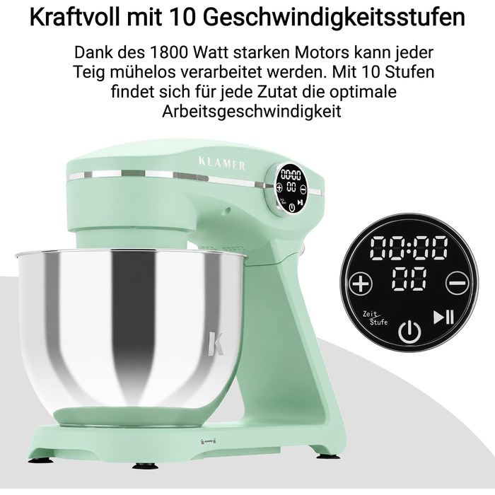 Кухонний комбайн KLAMER 1800W, планетарний міксер для тіста з чашею з нержавіючої сталі 6л (Premium Mint)