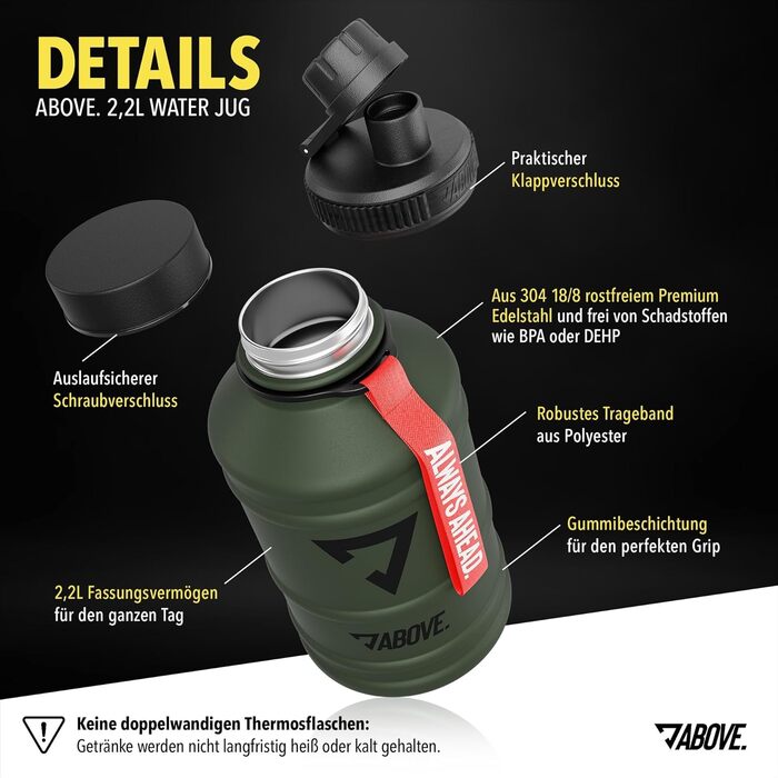 Металева пляшка для води 1.3/2.2 л з нержавіючої сталі, BPA-free, не протікає, міцна, з додатковою кришкою для спорту, фітнесу та активного відпочинку, у подарунковій упаковці