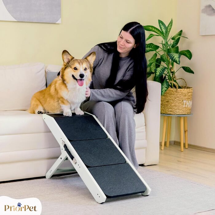 Сходинка для собак на ліжко та диван 2-в-1 - регульована пандус для собак, 18-50 см - для маленьких собак, легка у переміщенні, з платформою, натуральне дерево (білий дуб)
