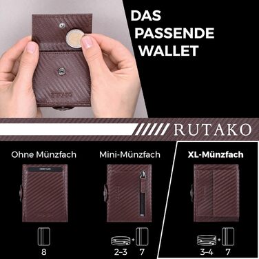 RUTAKO Slim Wallet with XL Coin Pocket & RFID Protection - Card Holder for Men & Women - Small Credit Card Wallet - Mini Purse - Small Portmonee/Portemonnaie - Wallet Carbon Brown