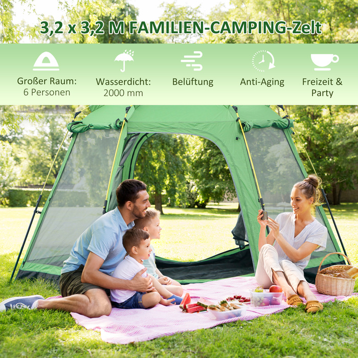 Outsunny Camping Tent 6-Person Family Dome Tent PU2000mm Waterproof, Easy Setup, Steel & Fiberglass, Green, 320x320x180cm