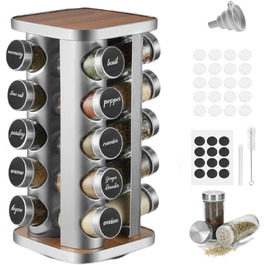 FRIBERG Spice Rack with 20 Spice Jars, Round, 100ml, 360° Swivel Stainless Steel Spice Carousel, Standing Spice Rack with Funnel, Label, Pen, and Cleaning Brush