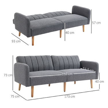 HOMCOM Sleeper Sofa, Convertible Sofa for 2 People, Sofa Bed with Sleeping Function, Linen-like Polyester, Rubber Wood, Grey, 173x75x73cm | Aosom