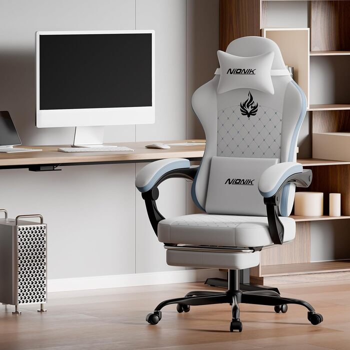 Геймерське крісло Ergonormic з підставкою для ніг та підтримкою попереку, регульоване, для дому, офісу, кіберспорту - біло-блакитне