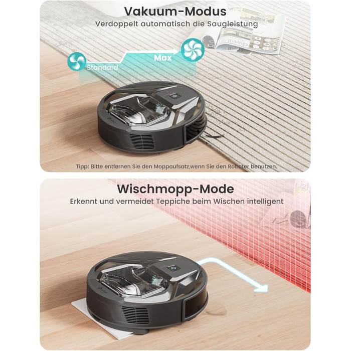 Робот-пилосос LEFANT M320 з функцією миття, потужність 6000 Па, уникнення перешкод, розпізнавання килимів, керування через додаток/Alexa, зона заборони, чорний
