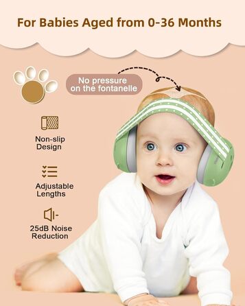 Навушники для захисту від шуму для малюків 0-36 місяців, високоякісні дитячі навушники з регульованим антиковзким обручем, ідеальні для повсякденного використання, сну та подорожей (зелені)