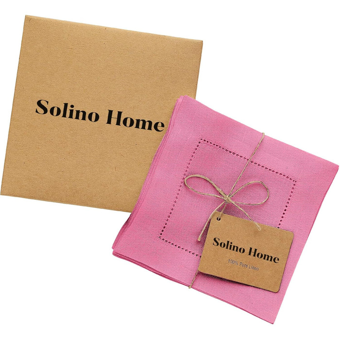 Лляні коктейльні серветки Solino Home з класичним хохлом, 15,2×15,2 см, 12 шт, 100% натуральний льон, фламінго-рожеві, для сервірування столу, весняний декор