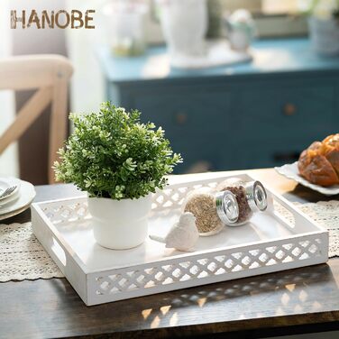 Hanobe Serving Tray Wooden Tray Decor Tray: Rectangular farmhouse decor tray wood white with handle white candle tray for coffee table tealight kitchen table