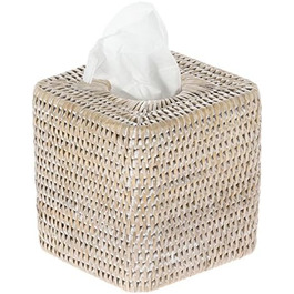 Kouboo La Jolla Rattan Square Tissue Box Cover, White Wash, Wicker, 13.97 x 13.97 x 14.61 cm