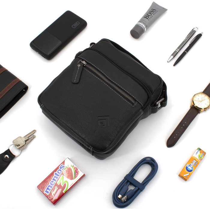 Чоловіча сумка через плече JOREY з натуральної шкіри, чорна. Ідеальна для бізнесу, роботи та подорожей. Чоловіча шкіряна сумка-мішок.