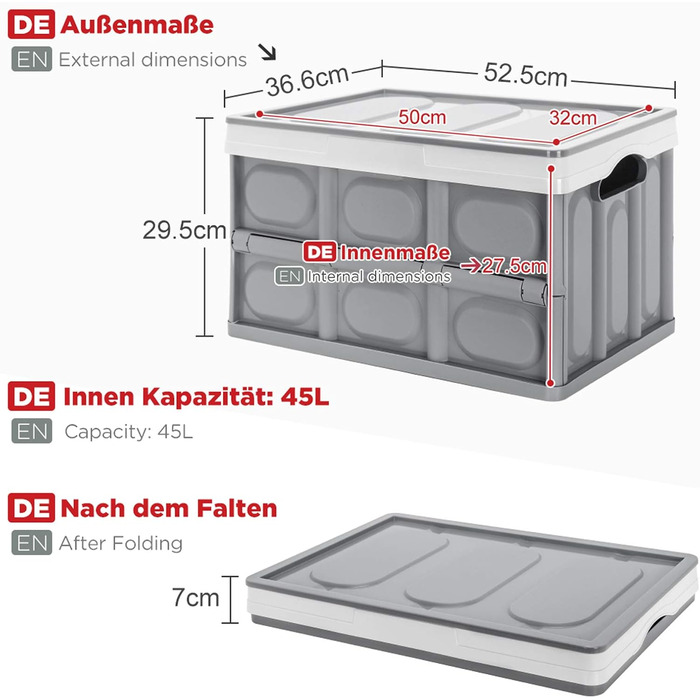 Yorbay 2-Piece Set 55L Professional Folding Box Transport Box with Lid, Foldable Storage Box with Handle, Stackable Boxes Storage Box Folding Boxes Stackable Boxes for Storage and Transport, PP, Grey (55L)