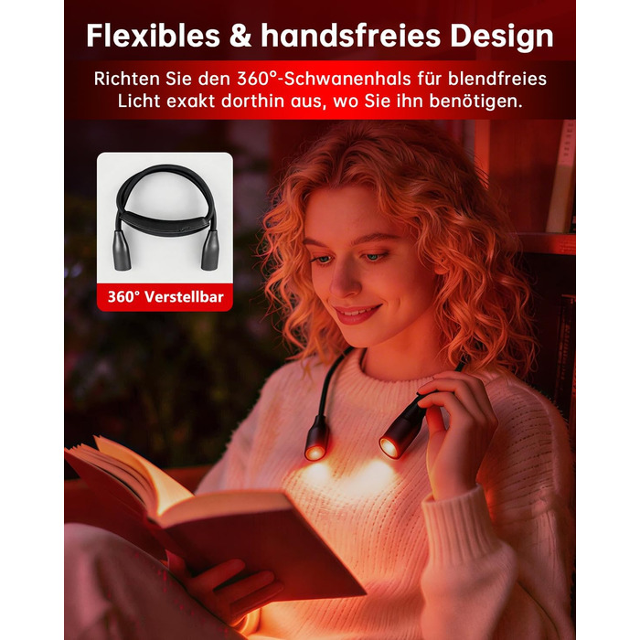 Світлодіодна лампа для читання з кліпсою 670 нм, з функцією пам'яті, димуванням та USB-зарядкою. Безсиній, портативний світильник для читання в ліжку, нашийний ліхтар