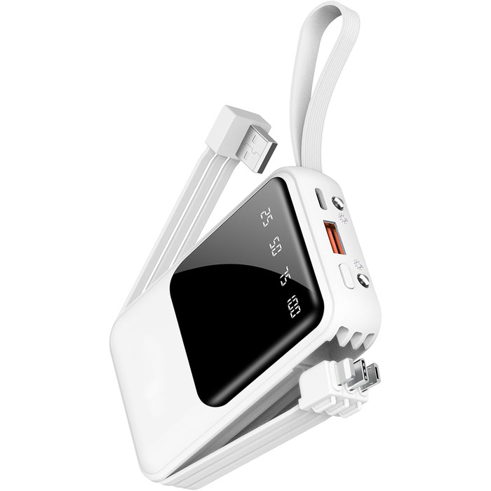 Портативний зарядний пристрій Powerbank 10000mAh з вбудованими кабелями (USB-C) для iPhone, Android, Google Pixel (білий)