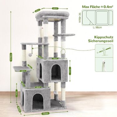 Драбина для котів Globlazer XL (156 см) з будиночком, платформами та когтеточками, сірий