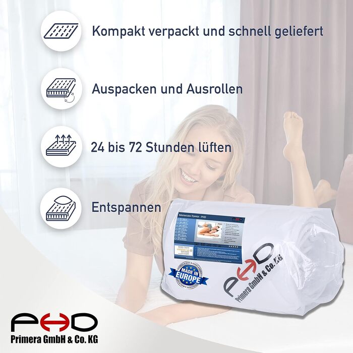 PHD Primera Mattress Topper 160x200cm Flat/Thin - 2 cm Height with Cover for Box Springs & Double Beds - Made in EU. Connects mattresses into one sleeping surface. Topper washable up to 40°C 160 x 200