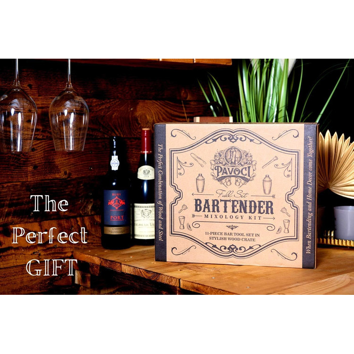 Набір для приготування коктейлів PAVOCI: 11 предметів, шейкер, барменський інструмент з нержавіючої сталі, дерев'яний підставник, аксесуари. Ідеально для дому, бару, професійного використання