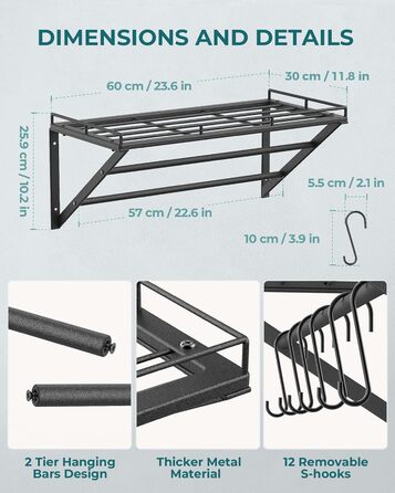 OROPY Pot Rack, 3-Tier Iron Kitchen Shelf, Wall Mount, Pan Holder with 12 Hooks, 60 * 29.5 * 24.5cm, Kitchen Utensil Holder, Kitchen Wall Shelf for Pots and Pans