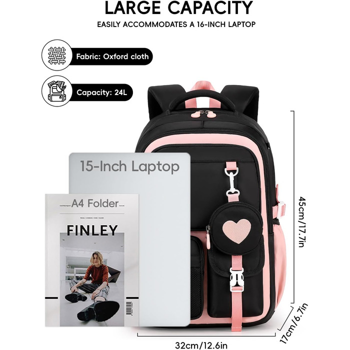 Шкільний рюкзак для дівчаток Tanou: стильний, зручний, з дихаючої тканини Oxford (3-5 клас, чорно-рожевий)