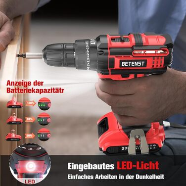 Акумуляторний дриль-шуруповерт BETENST 21V з 2 акумуляторами 2.0Ah, 42Nm, 25+3 ступені крутного моменту, 2 швидкості, LED-підсвічування, 30-ти елементний набір для дому, саду та DIY проектів