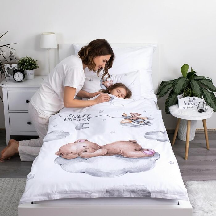 Комплект постільної білизни для дитячого ліжечка: комплект постільної білизни для малюків, постільна білизна для дитячого ліжечка 100x135 см + наволочка 40x60 см з бавовни, сертифікат Öko-Tex Standard, для хлопчиків та дівчаток (ведмедик Тіша)