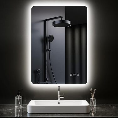 Дзеркало для ванної кімнати з підсвічуванням 50 x 70 см, LED дзеркало з протизапарюючим покриттям, 3 кольори світла, регулювання яскравості, прямокутна форма, сенсорне управління, функція пам'яті, горизонтальне/вертикальне кріплення, без рамки