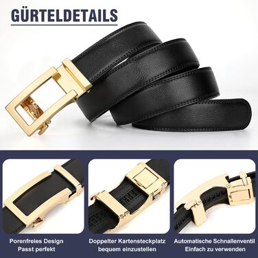 Чоловічий шкіряний ремінь JasGood з автоматичною пряжкою, регульований, без дірок, ширина 35 мм (06-чорний, 130 см, обхват талії 101-115 см)