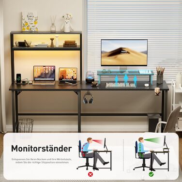 Ігровий стіл кутовий 150x100 см з 3 розетками та 2 USB, зворотний, з LED підсвічуванням, з ящиками та підставкою для монітора. Стіл для геймінгу, офісу, дому. (150 x 100 см, карбон)