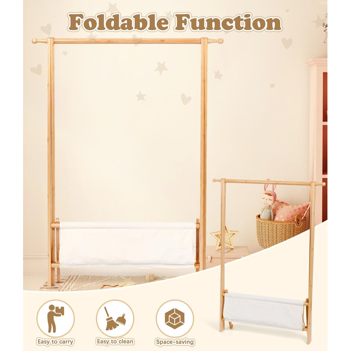 Relquorax Bamboo Children's Clothes Rack with Storage Bag and Clothes Rail, Dress-Up Stand, Small Wardrobe Rack, for Costumes in Children's Rooms (Natural Color)