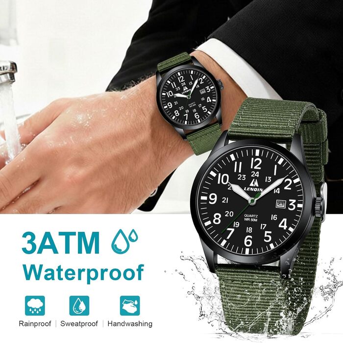 Годинник чоловічий LN LENQIN аналоговий кварцовий на текстильному ремінці, водостійкий 30M, з датою (зелений, чорний)